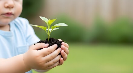 Toddler Holding Young Plant Seedling in Soil | Child Nurturing New Growth for Environmental Awareness and Future Hope Marketing