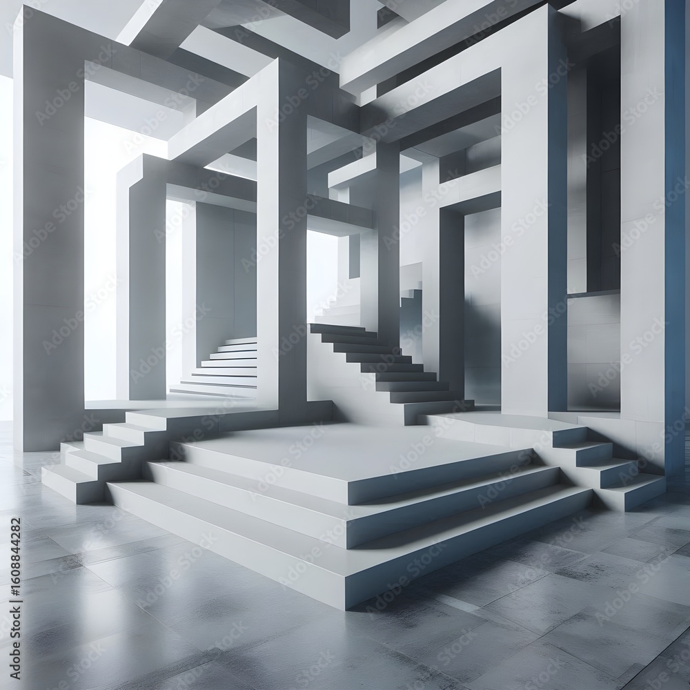 Poster concrete-based architectural space rendered in 3d with modern geometric forms and soft shadows in a 