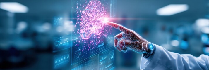 A robotic hand interacts with a digital touchscreen displaying a network of glowing, interconnected data points in a futuristic, high-tech environment.