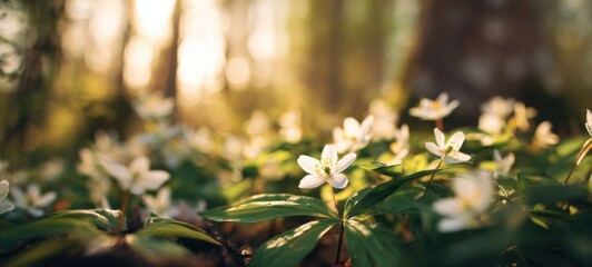 The tranquil beauty of delicate white flowers blooming in a sunlit forest.