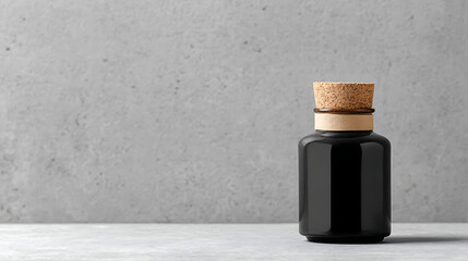 Black cosmetic jar with cork lid standing on gray table