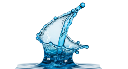 Dynamic blue water splash frozen in mid air isolated on transparent background