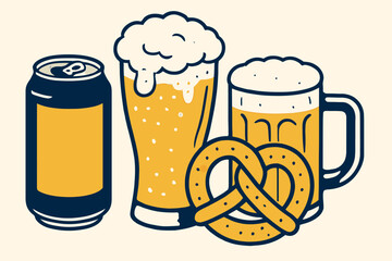 Illustration of Beer Can, Pint Glass, Mug, and Pretzel for Oktoberfest Celebration