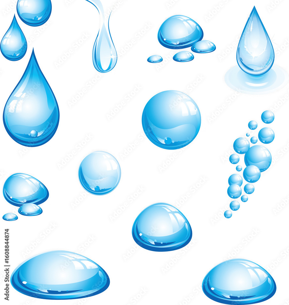 Poster collection of realistic water drops and splashes in various shapes and sizes isolated on transparent