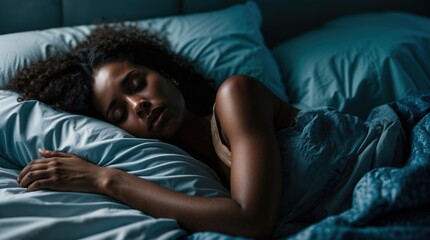 African american black woman sleeping in her bed. Relaxation lying down bedroom concept