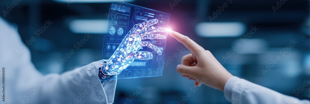 Poster a digital humanoid robot and a human finger interact, symbolizing the connection between technology 