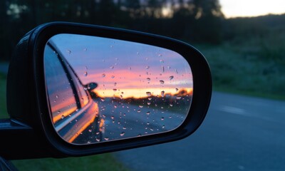 Car side mirror reflecting a vibrant sunset through rain-streaked window