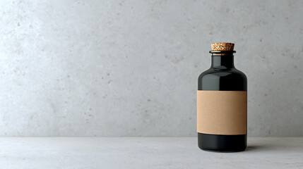 Black bottle with blank label and cork stopper standing on table against gray wall