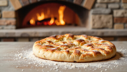 Fresh pizza on a wooden table in front of a stone oven  