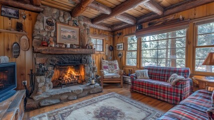 Cozy cabin living room fireplace winter forest view rental