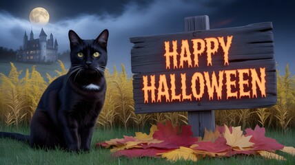 Fototapeta premium Happy thanksgiving greeting with a friendly cartoon turkey surrounded by pumpkins and autumn leaves