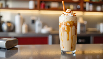 Creamy caramel milkshake in a tall glass with whipped cream  