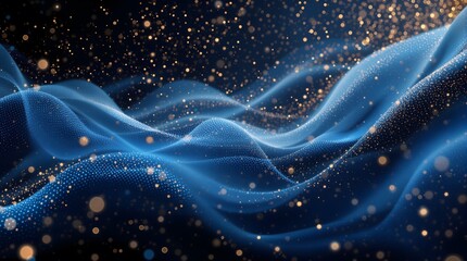 Mesmerizing blue waves shimmer with golden particles, creating a magical, futuristic, or celebratory atmosphere.