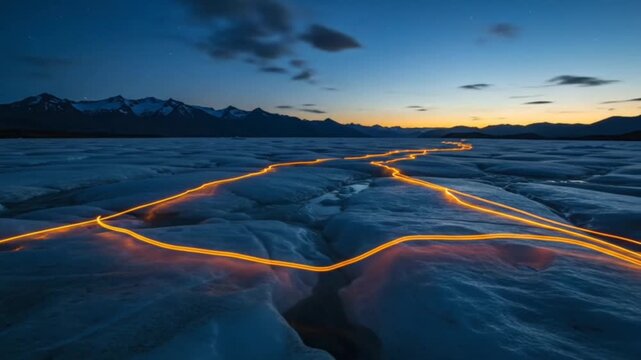Light trails across frozen glacier at dusk. seamless looping time-lapse animation video background