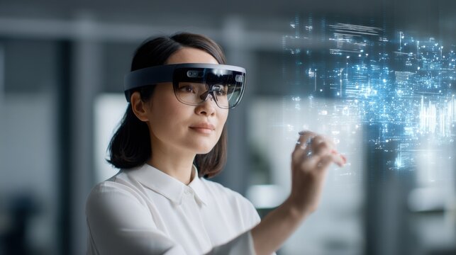 A woman wearing augmented reality glasses interacts with a futuristic digital interface in a modern office setting.