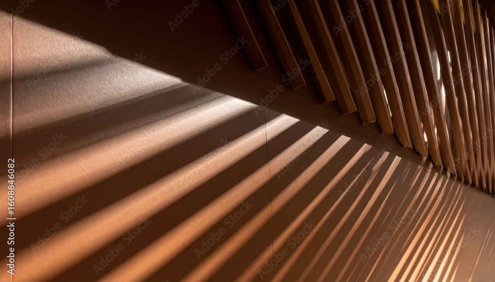 Aufkleber angled light creates repeating linear shadows on a textured brown wall displaying geometric patterns
