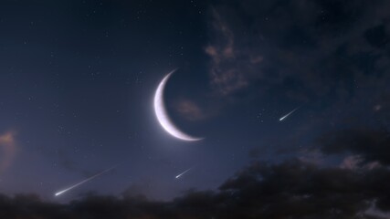 Shooting stars and a big moon in the sky. Night landscape with a crescent moon and meteors. Fairytale view.