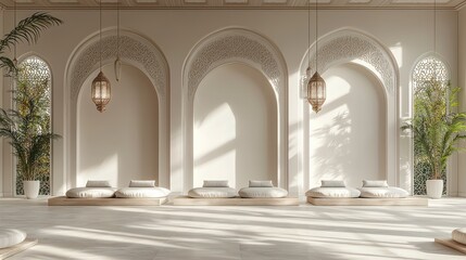 Serene sunlit meditation room with arched walls, plants, and cushions
