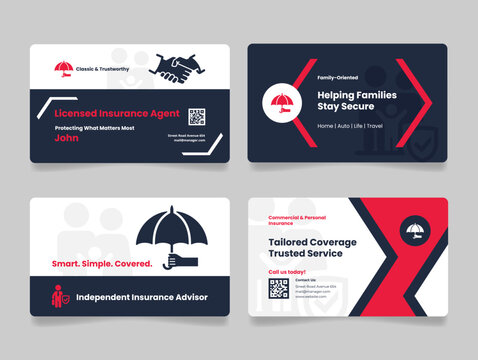 Vector business card templates for insurance agent with service license, personal insurance and family oriented support
