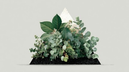 Black triangle with green leaves on white background