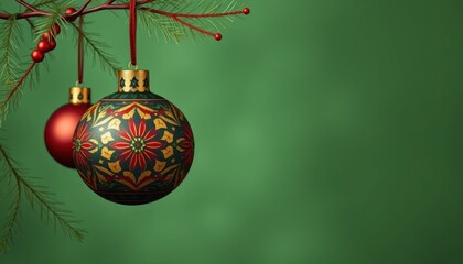 Festive elegance ornate christmas balls suspended from evergreen branch