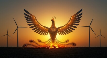 Obraz premium Phoenix with solar wings and wind turbines at sunset