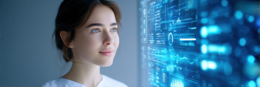 A young woman gazes thoughtfully at a futuristic digital interface displaying complex data and graphs in a high-tech environment.