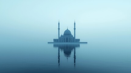 Mosque reflection, calm water, misty morning, peaceful scene, religious tourism