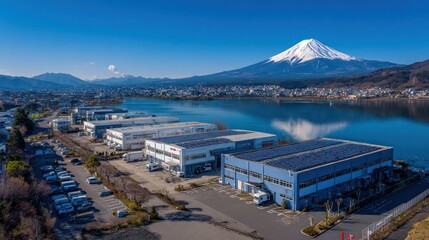 Obraz premium Aerial view of structures, a lake, and a snow-capped mountain against a vibrant blue sky