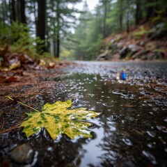 Fototapeta premium Autumn leaf rests in a puddle reflecting the forest above after a rain shower creating a serene and peaceful woodland scene.