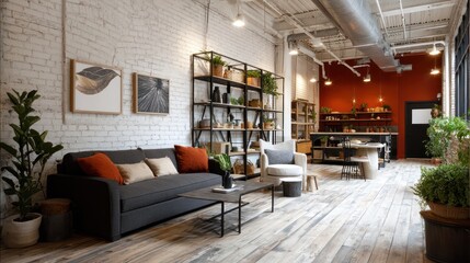 Fototapeta premium Urban living space with exposed brick, wood floor, and natural light in open space
