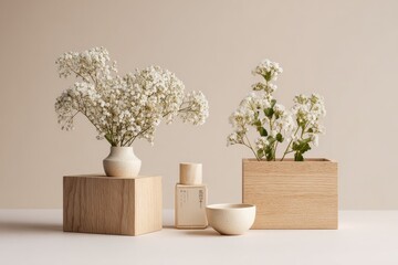 Muted beige backdrop displays two wooden boxes, holding white flowers & ceramic items