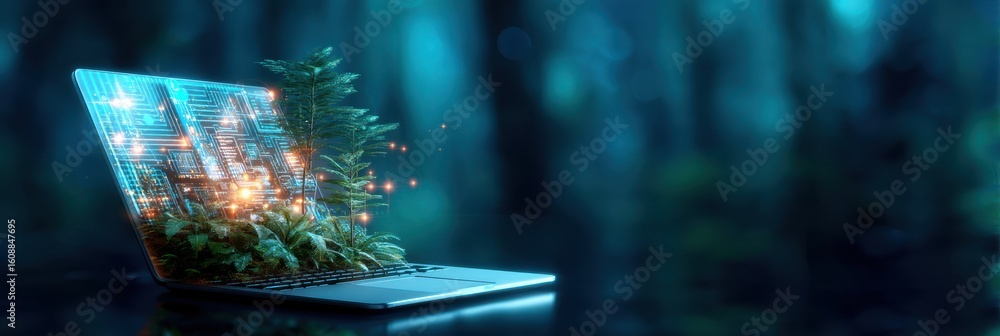 Poster a laptop with a glowing circuit board transforms into a lush forest, blending technology and nature 