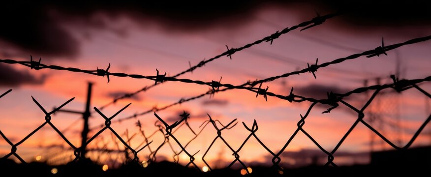 Barbed wire and a chain fence stand silhouetted against a vibrant sunset sky evoking feelings of confinement and the end of the day. - Powered by Adobe