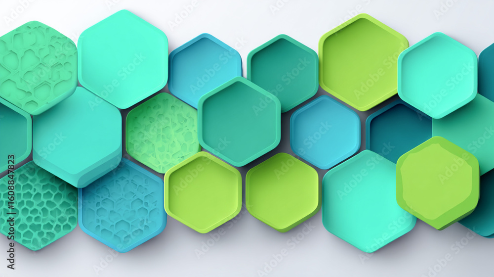 Poster colorful hexagonal shapes in various shades of blue and green arranged in a modern pattern, showcasi