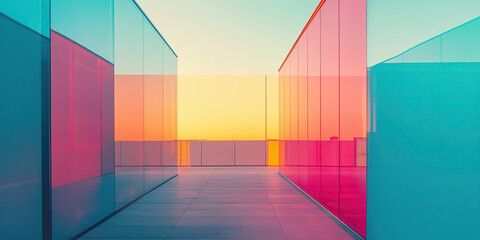 Contemporary glass corridor features vibrant gradient panels creating stunning architectural perspective.