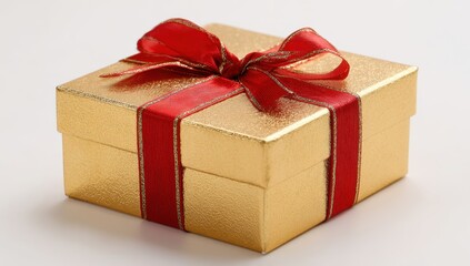 Obraz premium Beautifully wrapped golden gift box with a vibrant red ribbon and bow, perfect for celebrating a special occasion or expressing heartfelt