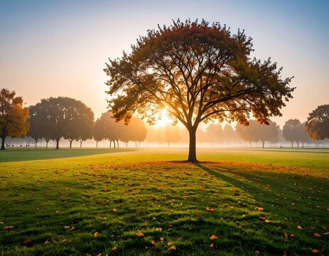 Golden sunrise illuminating a solitary tree on a lush green field in the morning light