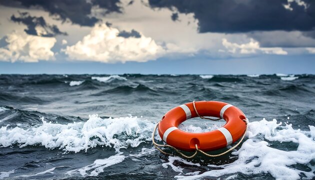 Orange life buoy in stormy ocean - Powered by Adobe