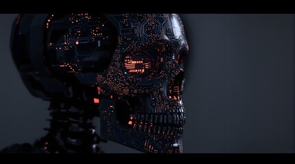 Futuristic cyborg skull with glowing orange circuitry and dark aesthetic, representing AI and technology