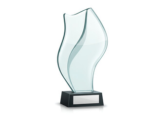 Clear Glass Trophy on Black Base with Silver Plate on White Background