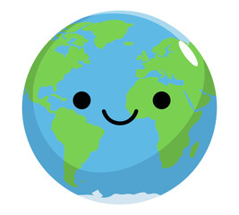 Happy cartoon Earth globe with smiling face, simple continents, and a white cloud base.