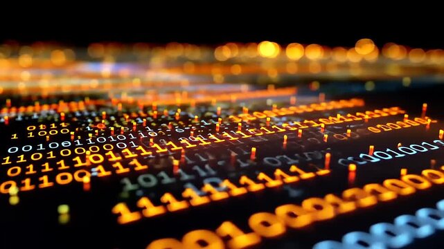 Binary code pattern with glowing elements.