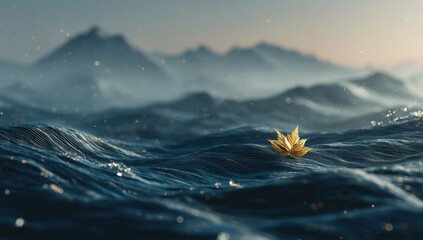 Golden origami leaf adrift on stormy sea, misty mountains in background