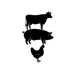 Logo With Cow, Pig, and Chicken Stacked Vertically, Clean Silhouette Design