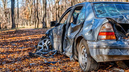 Broken car left in a forest during fall season after a road crash