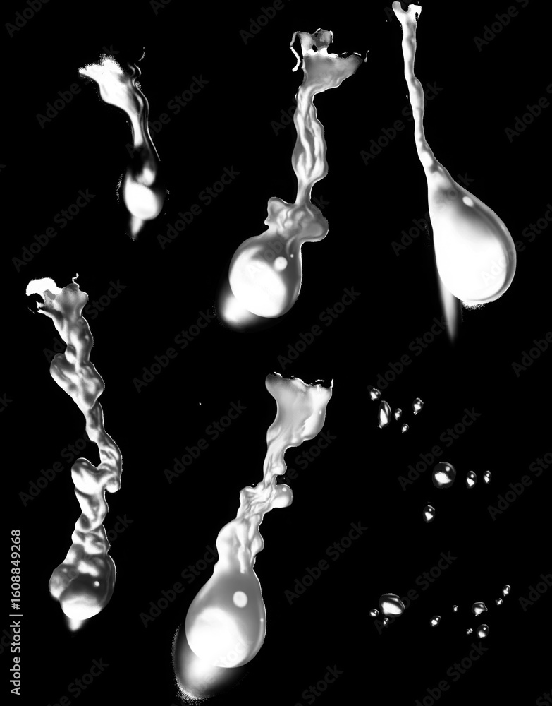 Poster abstract organic liquid forms with glowing highlights appearing as ethereal fluid splashes and dropl