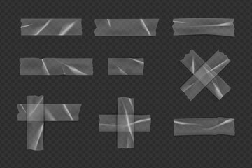 Vector set of realistic plastic transparent adhesive tape strips in various positions