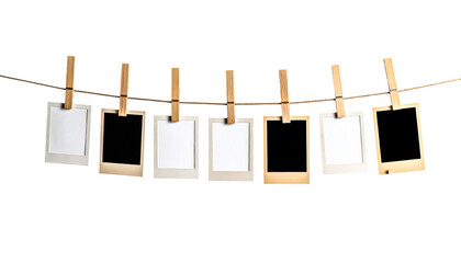 Hanging photos photo display polaroid pictures memories clip board on transparent background