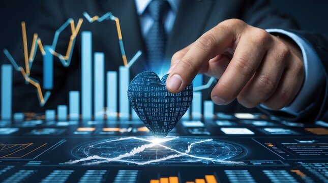 A businessman in a suit holds a glowing digital heart above a futuristic holographic display of financial charts and data analytics.